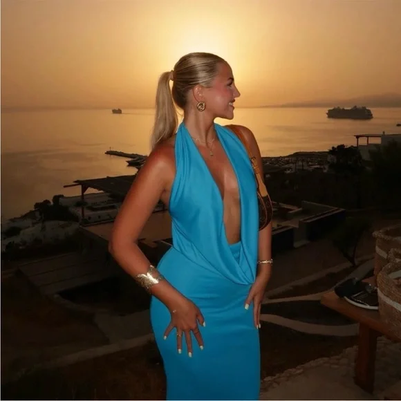 Zara Long Draped Halter Dress Cowl Neckline Electric Blue 8342/364 014/287 - Picture 6 of 10